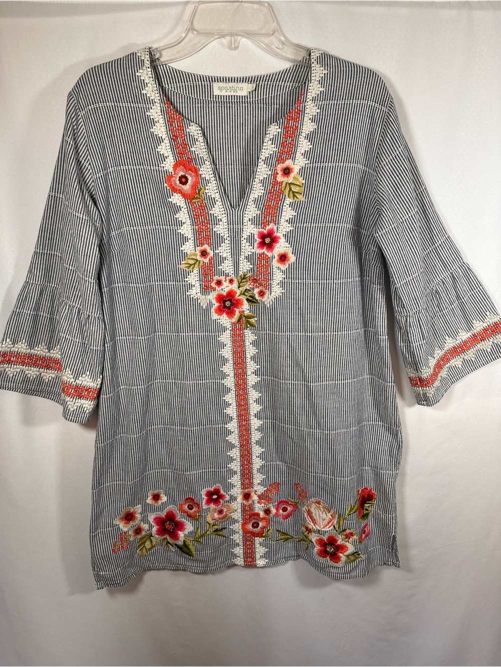 Spartina 449 Shelley Blue White Stripe Floral Embroidered Tunic Blouse Top L